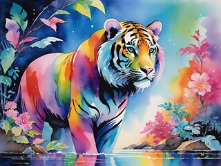 Colorful illustration of a striped tiger in an enchanting forest. Generative AI.