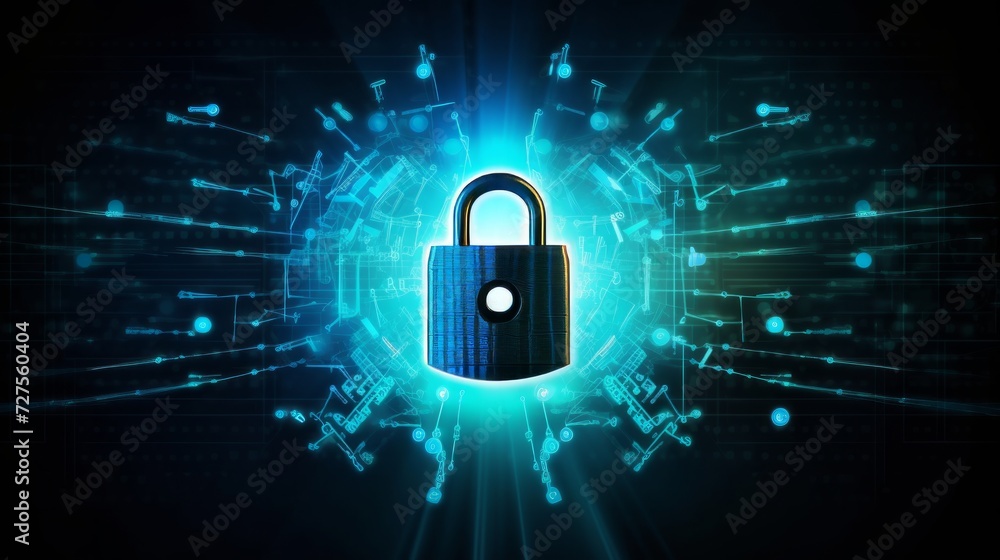 Poster lock digital background, cyber security symbol. neural network ai generated art