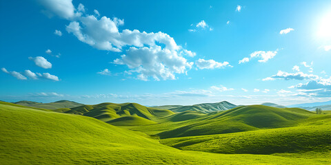 green field and blue sky with clouds ,natural landscape 