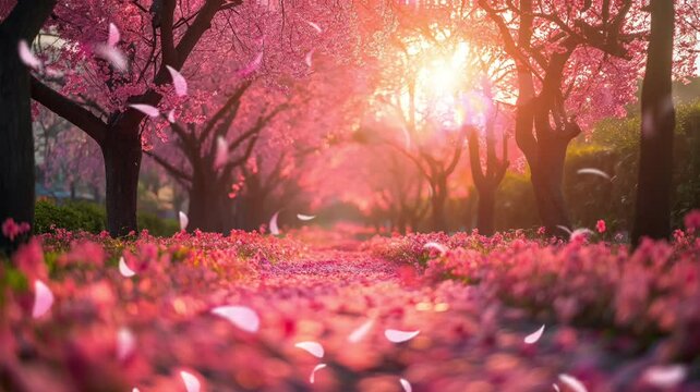 This image perfectly captures the fleeting and poetic charm of cherry blossoms during springtime in Japan, looping video