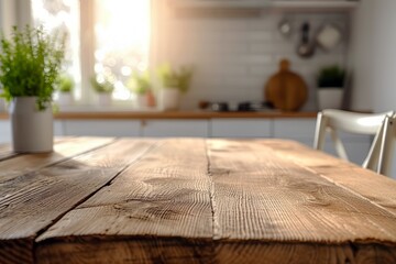 Fototapeta na wymiar An empty wooden countertop against the background of blurred kitchen. Wood table top on blur kitchen counter background with Copy space for montage product display or design key visual layout.