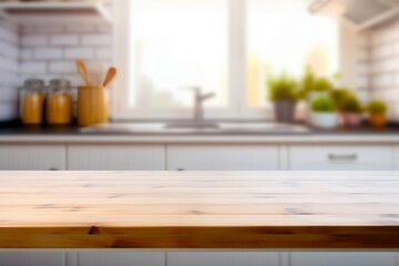 An empty wooden countertop against the background of blurred kitchen. Wood table top on blur kitchen counter background with Copy space for montage product display or design key visual layout.