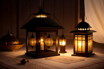 Fototapeta premium Ramadan Kareem and Eid Mubarak background with golden lamp, AI Generated