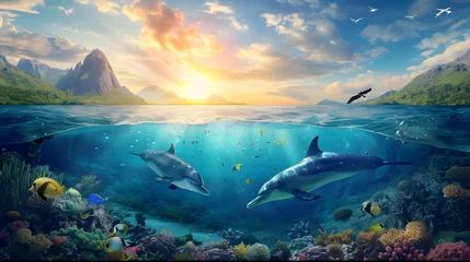 Poster Half under sea with sky, under sea with dolphins and coral, sky with mountains and falcon and clouds and sun. © Nawarit