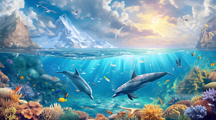 Half image under the sea with sky, under the sea with dolphins and corals, sky with mountains and falcons and clouds and sun.