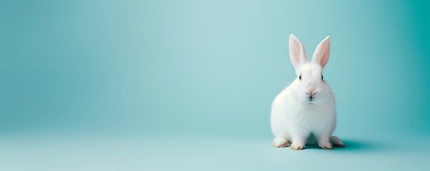 Cute white rabbit on pastel background with copy space for text