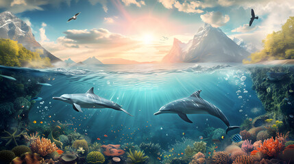 Half under sea with sky, under sea with dolphins and coral, sky with mountains and falcon and...