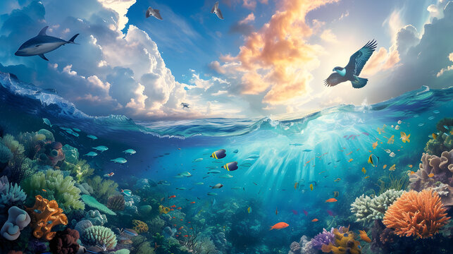 Half picture of under the sea with sky, under the sea with fish and coral, sky with falcon and clouds and sun.