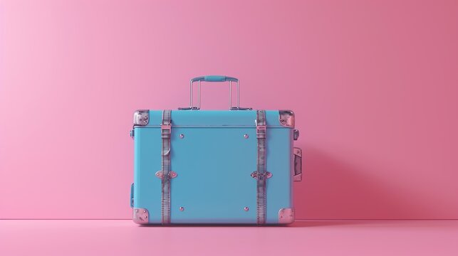 Close-up stylish suitcases on pink background. Image with copy space for text.