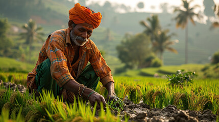 Indian farmers plant in rice fields