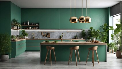 Modern Elegance: Open Kitchen with Green Walls, Azure Accents, and Nature-Inspired Compositions