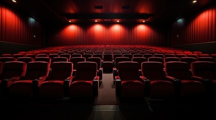 Empty cinema hall with red seats. Red cloth seats in theater - obrazy, fototapety, plakaty