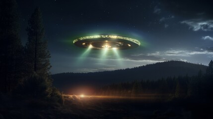 UFO, an alien plate hovering over the field, hovering motionless in the air. Neural network AI generated art