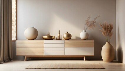 Fototapeta na wymiar Airy Tranquility: Interior Design of Living Room with Elegant Wood Sideboard