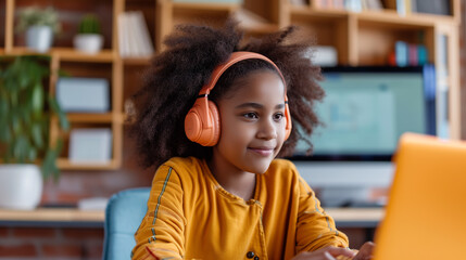 African american girl in headphones engaged in remote learning with laptop