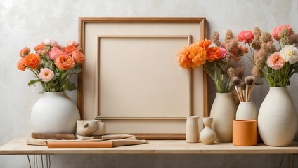 Mock-up Elegance: Frame in Room with Natural Wooden Furniture