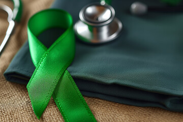 Green ribbon symbol for world bipolar day on blurred background