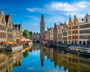 Obraz premium City scenic with tower and old colorful beautiful houses along canal and boats