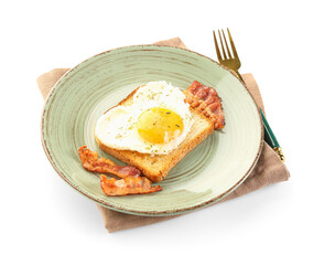 Plate with tasty bacon, heart made of fried egg, toast and fork on white background