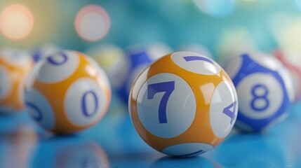 Lucky Number in Focus, Close-Up of Lottery Balls on a Blue Background, Highlighting the Fortunate Ball in a Captivating Display.