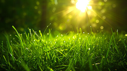 A vibrant morning in a lush, sunlit meadow with bokeh background, morning dew on fresh green grass...