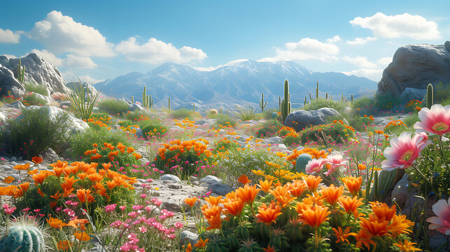 the enchanting of a cactus garden with delicate blooms. where prickly plants and arid landscapes create a tranquil oasis.