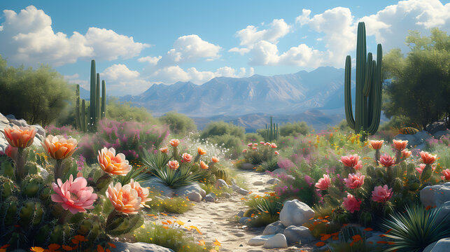 the enchanting of a cactus garden with delicate blooms. where prickly plants and arid landscapes create a tranquil oasis.