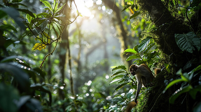 Common squirrel monkey (Saimiri sciureus) playing on a branch.