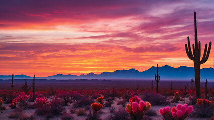 Vibrant colors of a desert sunset painting the sky with hues of orange pink and purple while the silhouette of cacti stands tall against the fading light - obrazy, fototapety, plakaty