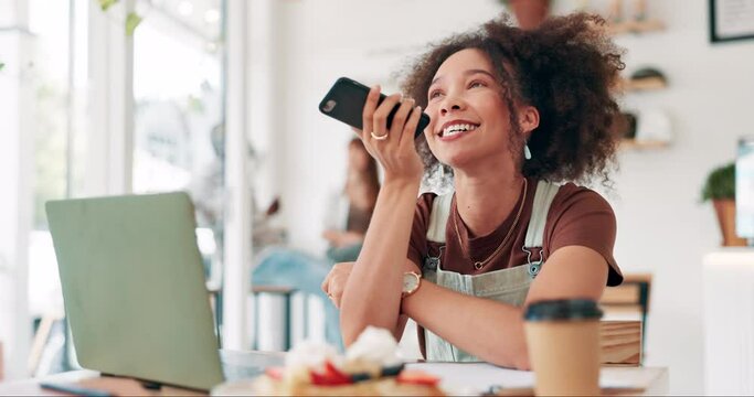 Happy woman, phone and voice recording at cafe for conversation, communication or networking. Female person or freelancer talking on mobile smartphone or speaker for audio message at coffee shop