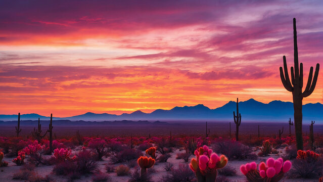 Vibrant colors of a desert sunset painting the sky with hues of orange pink and purple while the silhouette of cacti stands tall against the fading light
