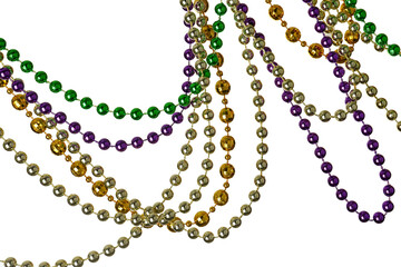Colorful beads for Mardi Gras celebration on white background