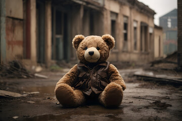 A teddy bear in front of an abandoned building
