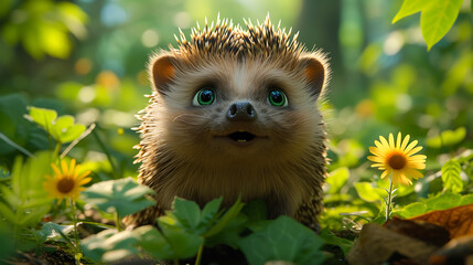 the hedgehog is looking up while out in the forest - obrazy, fototapety, plakaty