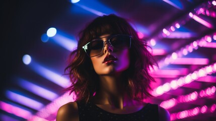 Teen hipster girl in stylish glasses standing on light background. Neural network AI generated art