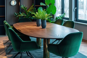 Interior of modern dining room with wooden table and green chairs.