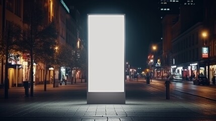Blank vertical billboard outdoors, outdoor advertising lightbox, public information board, digital screen stand in city at night, on lighted street. - obrazy, fototapety, plakaty