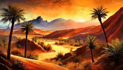 Oasis in a desert where the scorching heat and earthy tones blend seamlessly with shimmering mirages