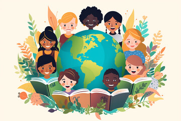 Happy Children Reading Books: Celebrating Read Across America Day with Vector Illustrations