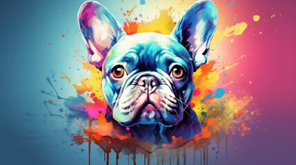 French bulldog on a background of a rainbow watercolor stain. Neural network AI generated art