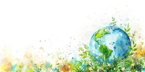 Watercolor World Earth Day, sustainability for a greener tomorrow, with copy space.
