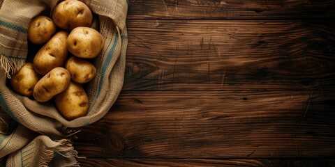 A top view of raw potato food, with fresh potatoes arranged in an old sack on a wooden background, wholesome essence of farm-to-table simplicity.