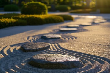 Fototapeta na wymiar a sandy pattern with stone walking path in a Japanese zen garden in the evening