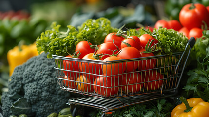 Fototapeta na wymiar trolley filled with healthy vegetables, supermarket background