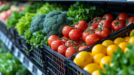 trolley filled with healthy vegetables, supermarket background