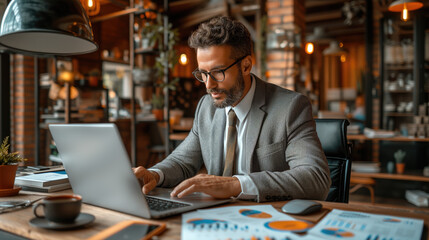 Businessman using laptop computer to analyze financial data Investment growth goals Business strategy and planning Business finance and investment - obrazy, fototapety, plakaty