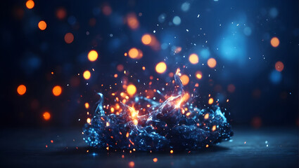 Obraz premium Magic Fire Sparkles glowing in dark blue bokeh background