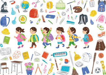 ランドセルを背負う小学生　学校生活の文房具や道具　イラストセット