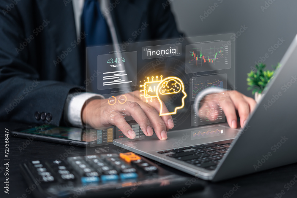 Poster businessman uses artificial intelligence ai on laptop analyze financial statistics and big data visu