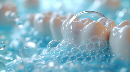 Bubble of toothpaste cleaning teeth and gums. Protect teeth, Fluorine and tooth care concept. - obrazy, fototapety, plakaty